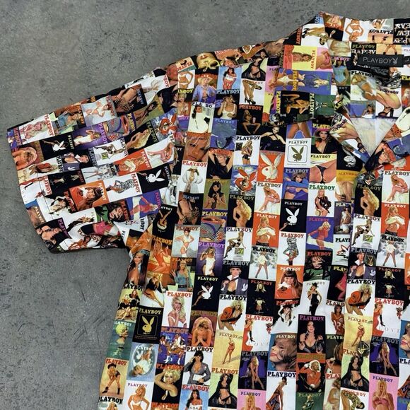 Playboy Shirt Men Size Large All Over Collage Cover Magazine Centerfold - Picture 3 of 14
